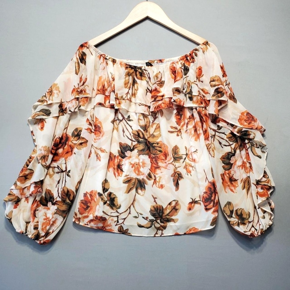 WHBM Country Off Shoulder Tiered Ruffle Floral Blouse Womens S Orange Boho Top